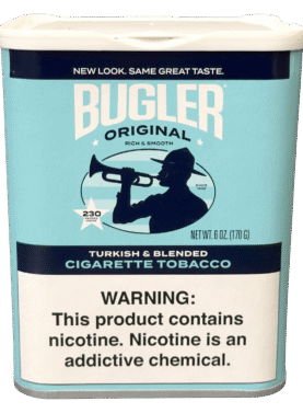 6 oz can of Bugler Cigarettes Tobacco, offering smooth, ready-to-roll tobacco for hand-rolled cigarettes.