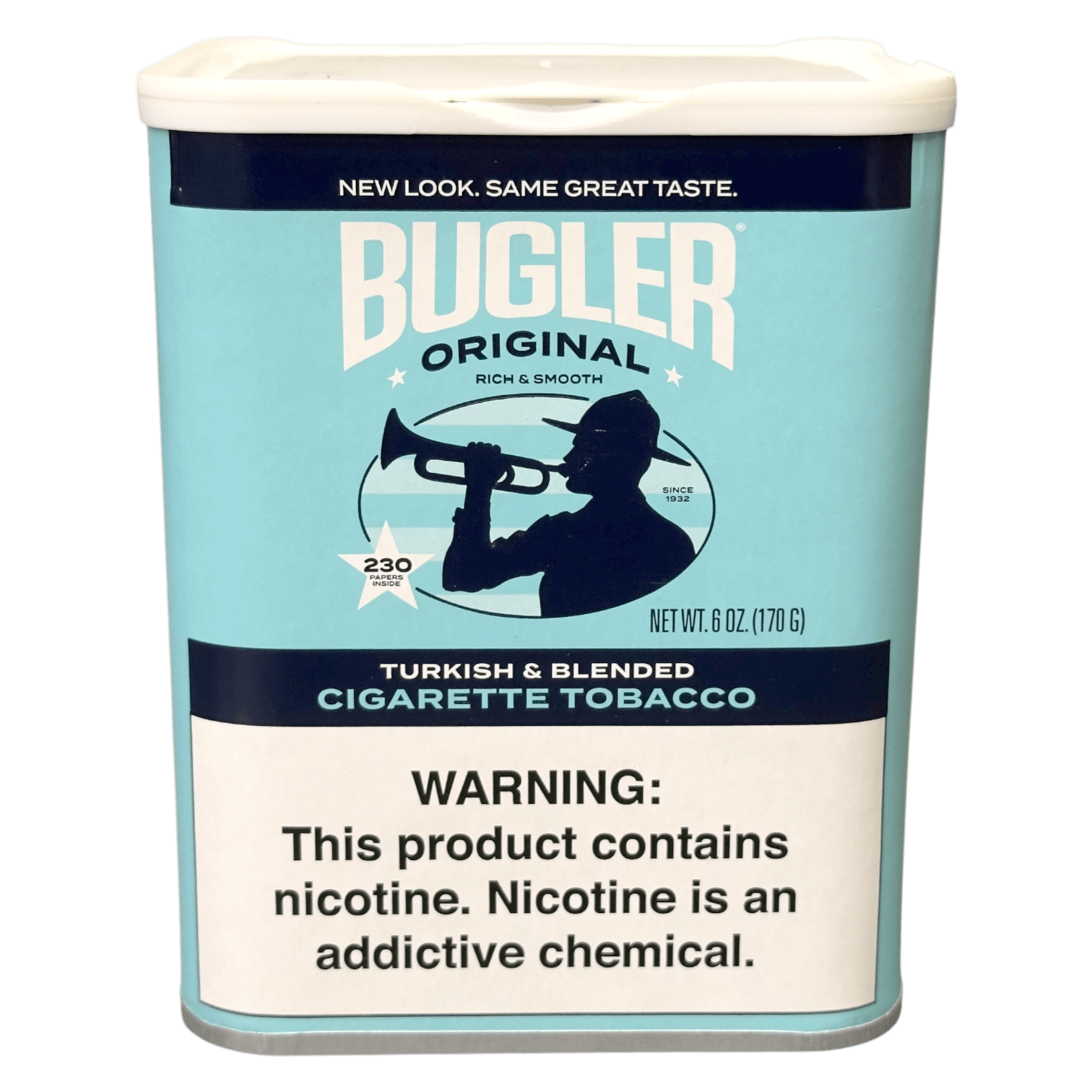 6 oz can of Bugler Cigarettes Tobacco, offering smooth, ready-to-roll tobacco for hand-rolled cigarettes.
