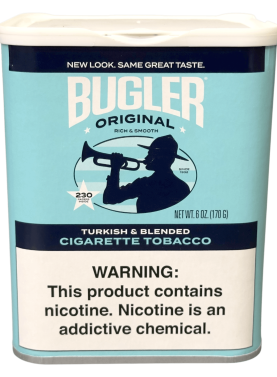 6 oz can of Bugler Cigarettes Tobacco, offering smooth, ready-to-roll tobacco for hand-rolled cigarettes.