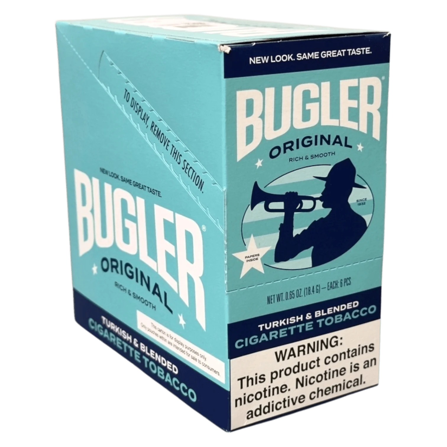 Box of Bugler RYO tobacco with 6 pouches, offering an economical option for roll-your-own smokers.