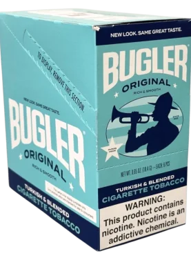 Box of Bugler RYO tobacco with 6 pouches, offering an economical option for roll-your-own smokers.