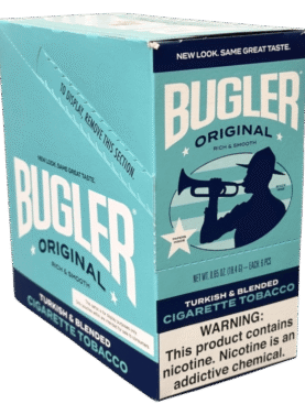 Box of Bugler RYO tobacco with 6 pouches, offering an economical option for roll-your-own smokers.
