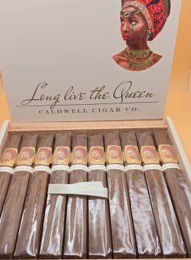 Open full box of Long Live The Queen Natural by Caldwell cigars showing neatly arranged cigars inside.