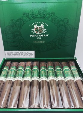 Open box of Partagás Valle Verde cigars with smooth Ecuadorian Habano wrappers and elegant green and gold bands.