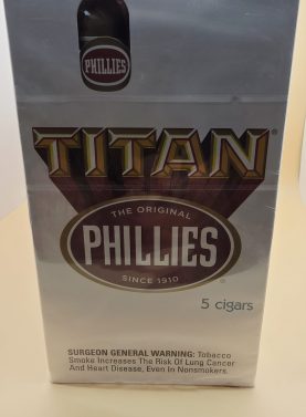 Phillies Titan Pack of 5 cigars in a sealed pouch, showcasing rich brown cigars with classic banding.