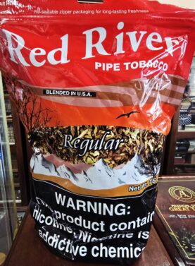 Red River Red 16 oz bag of pipe tobacco featuring bold lettering and resealable packaging.