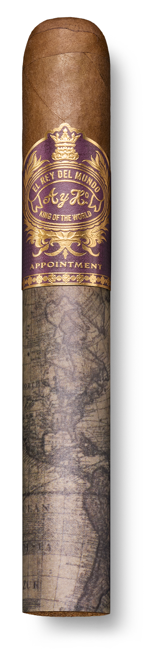 Single El Rey Del Mundo Apointment cigar with detailed band, placed on a dark wood surface.