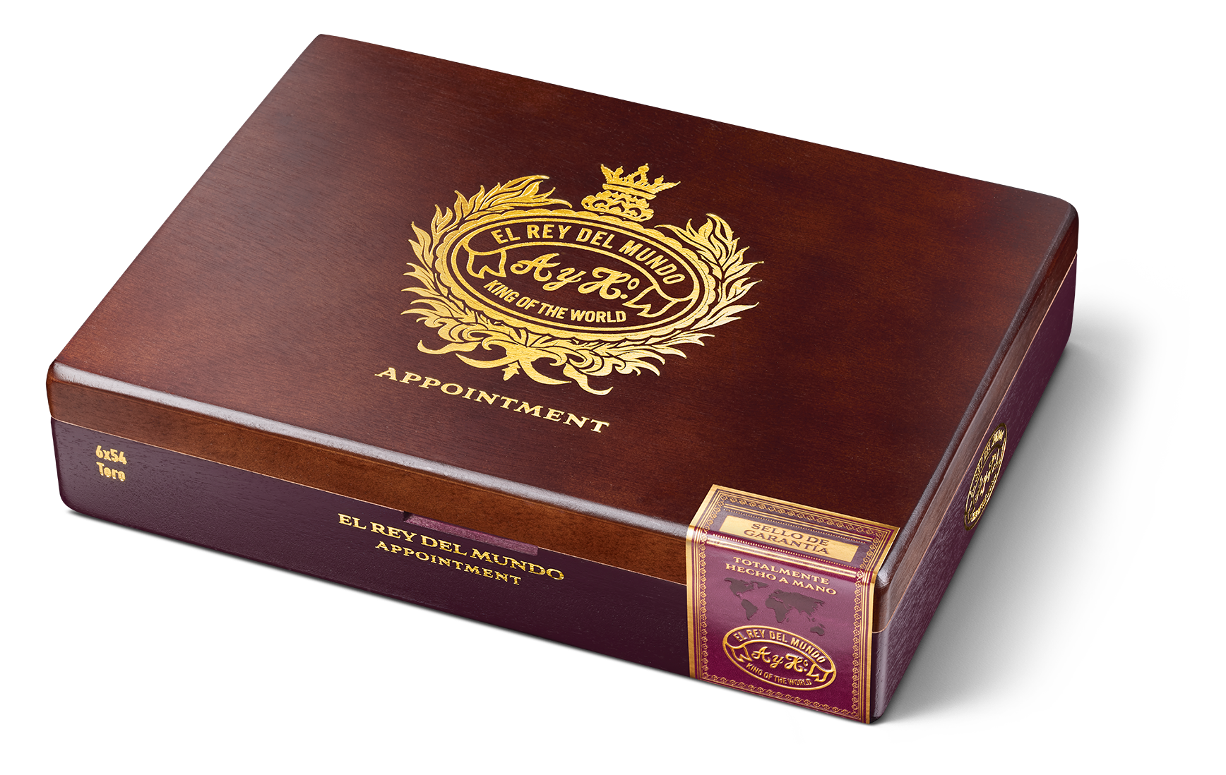 Closed box of El Rey Del Mundo Apointment cigars with elegant branding and classic wood finish.
