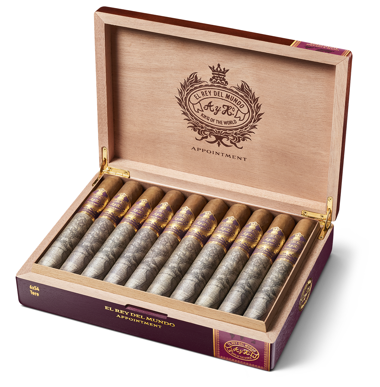Open box of El Rey Del Mundo cigars neatly arranged with detailed branding on the inner lid.