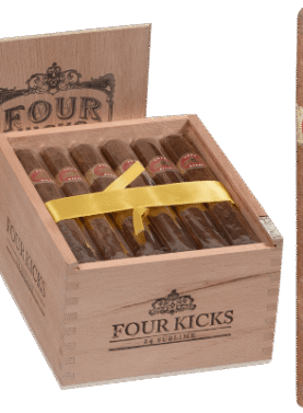 Single Four Kicks cigar in front of an open box with red-and-gold band visible