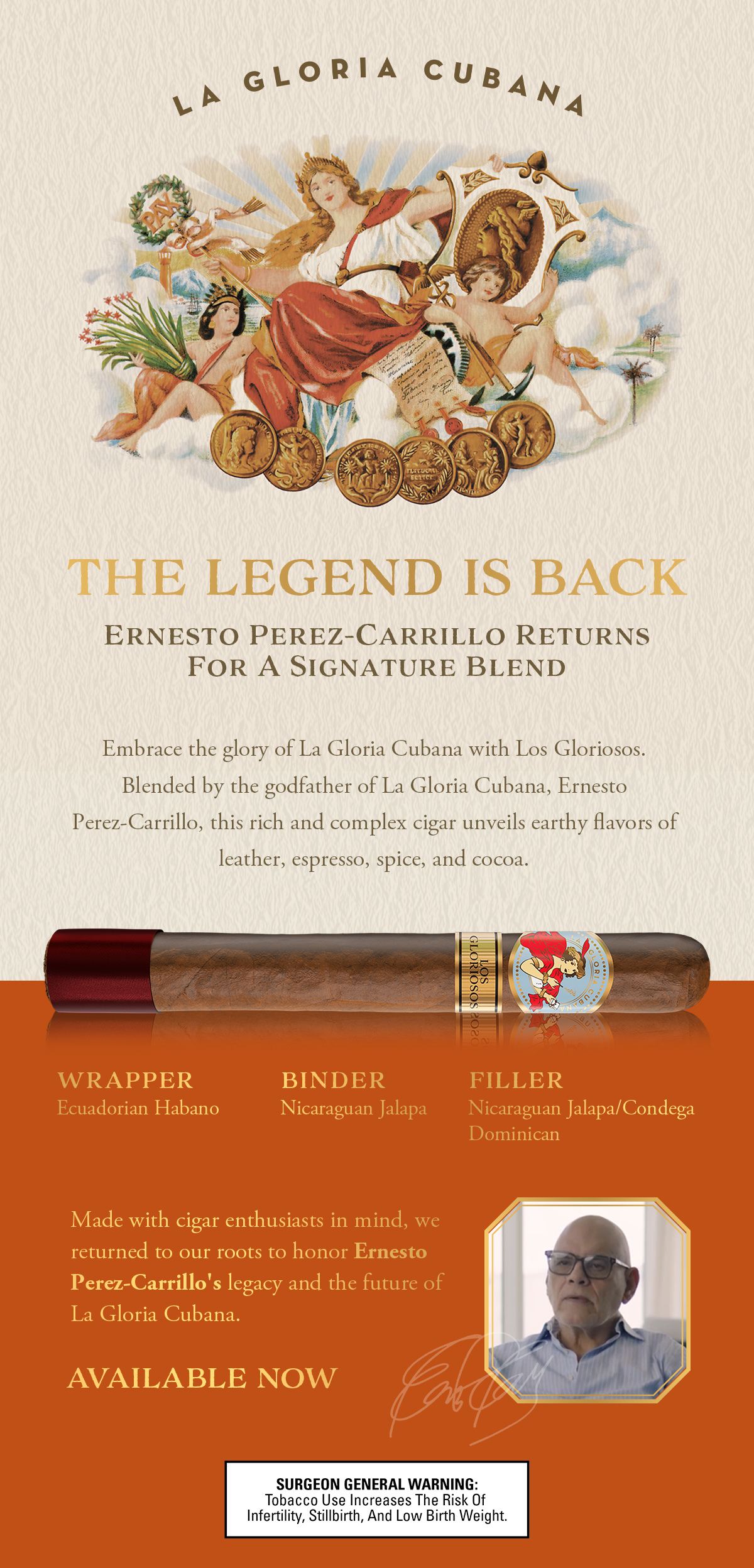 Promotional poster featuring La Gloria Cubana Los Gloriosos cigar with bold typography and the "Return of the Legend" tagline, featuring Perez Carrillo's signature.