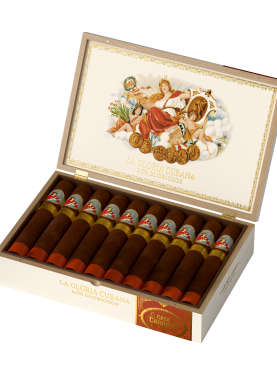 La Gloria Cubana Los Gloriosos cigar with ornate band and rich brown wrapper, displayed on a wooden surface.