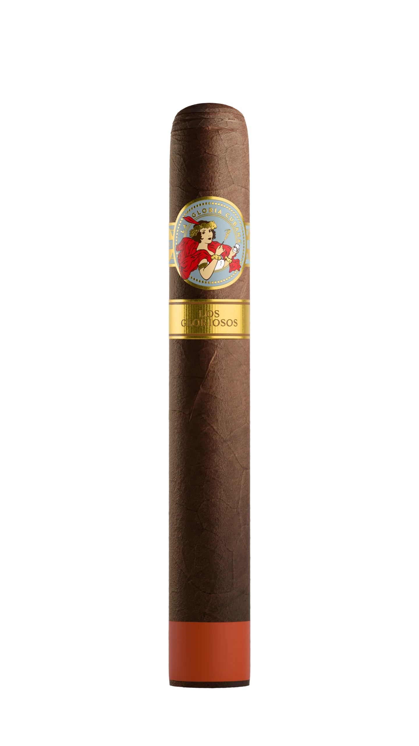 Single La Gloria Cubana Los Gloriosos cigar with rich brown wrapper and detailed band, resting on a wood surface.