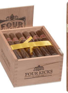 Single Four Kicks cigar in front of an open box with red-and-gold band visible