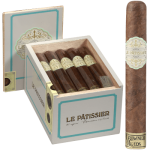 Le Pâtissier cigar standing in front of an open box filled with identical cigars
