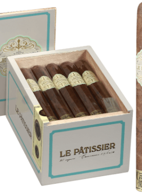Le Pâtissier cigar standing in front of an open box filled with identical cigars