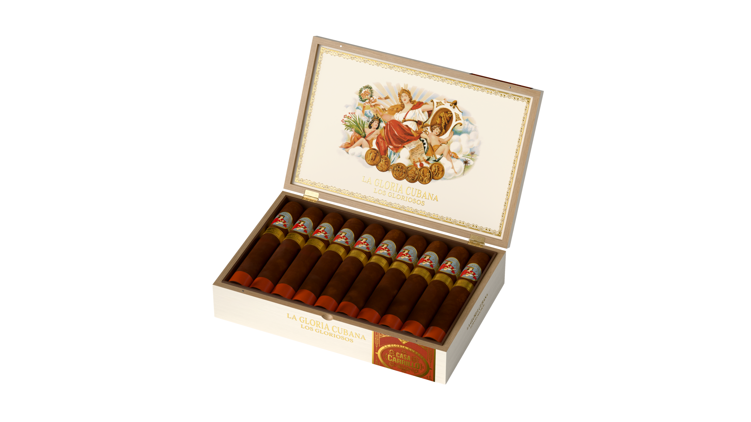 La Gloria Cubana Los Gloriosos cigar with ornate band and rich brown wrapper, displayed on a wooden surface.