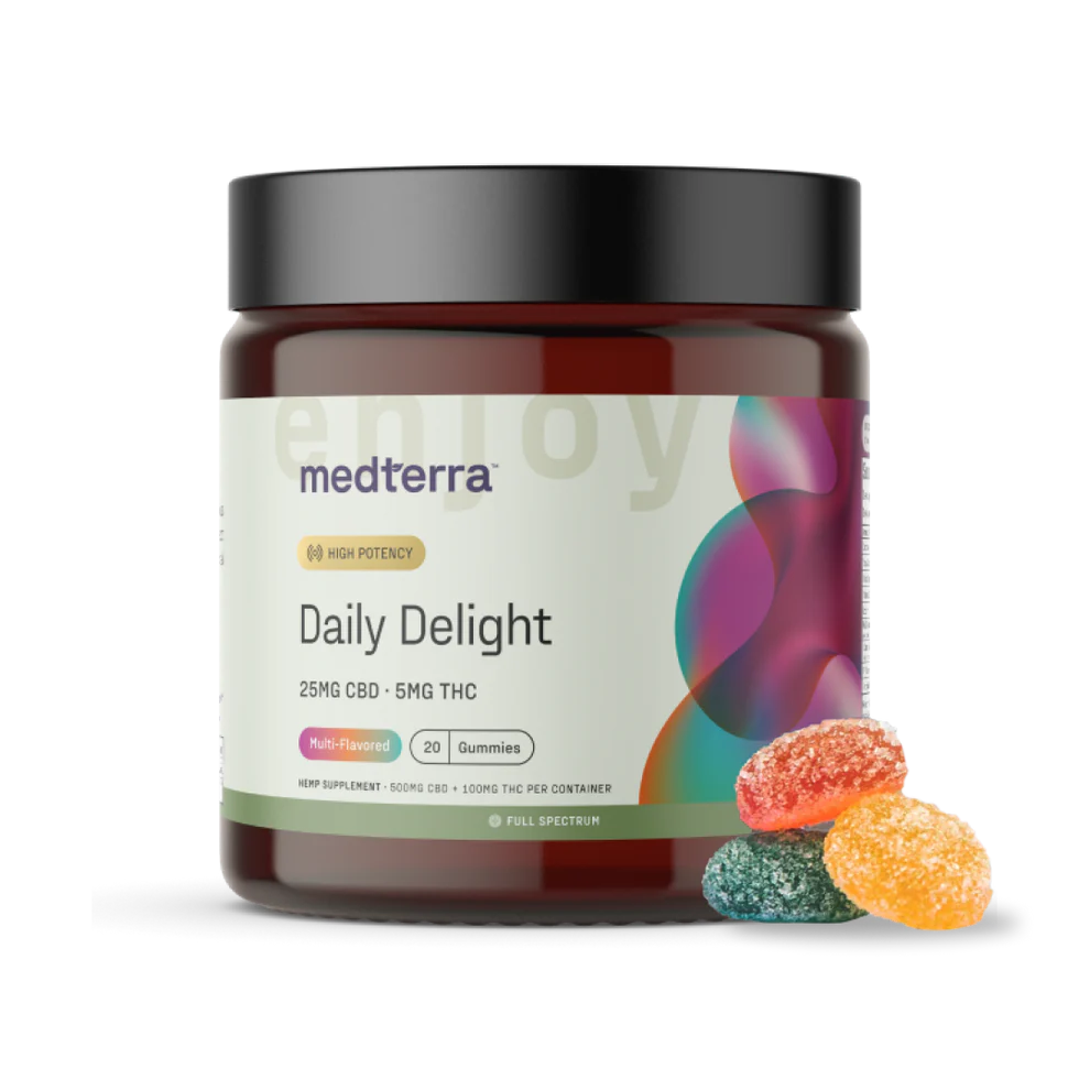 Jar of Medterra Daily Delight CBD Gummies with three gummies placed beside it to show size, shape, and texture.