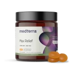 Jar of Medterra Max Relief Full Spectrum CBD Gummies with three gummies beside it, showcasing size and texture.
