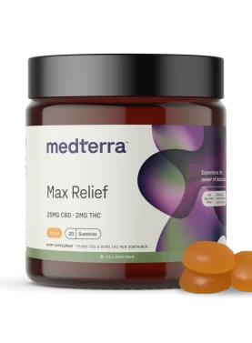 Jar of Medterra Max Relief Full Spectrum CBD Gummies with three gummies beside it, showcasing size and texture.