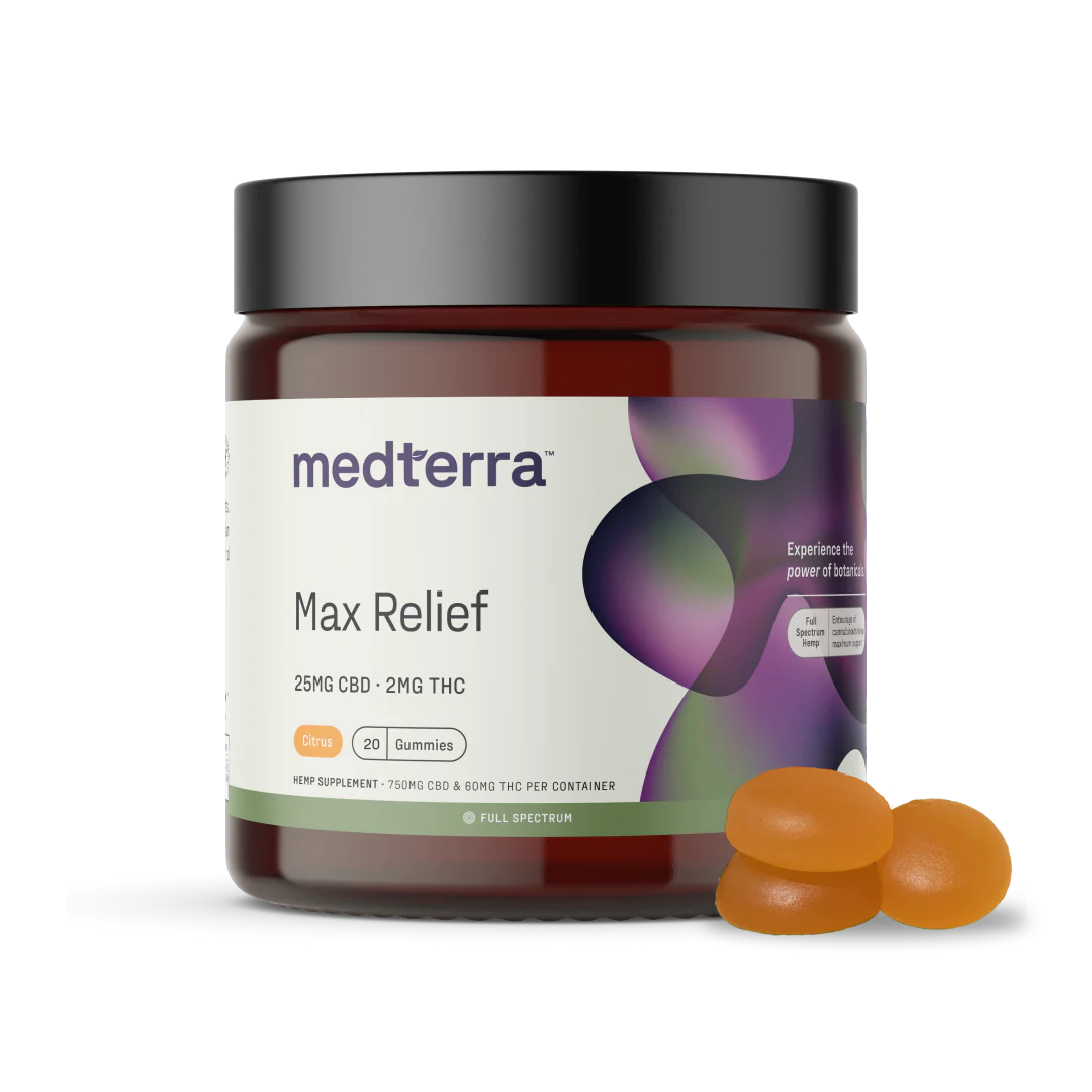 Jar of Medterra Max Relief Full Spectrum CBD Gummies with three gummies beside it, showcasing size and texture.
