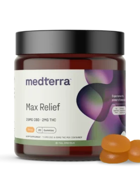 Jar of Medterra Max Relief Full Spectrum CBD Gummies with three gummies beside it, showcasing size and texture.