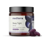 Jar of 30 Medterra Sleep Tight CBD Gummies with two gummies placed beside it, showing texture and serving size.