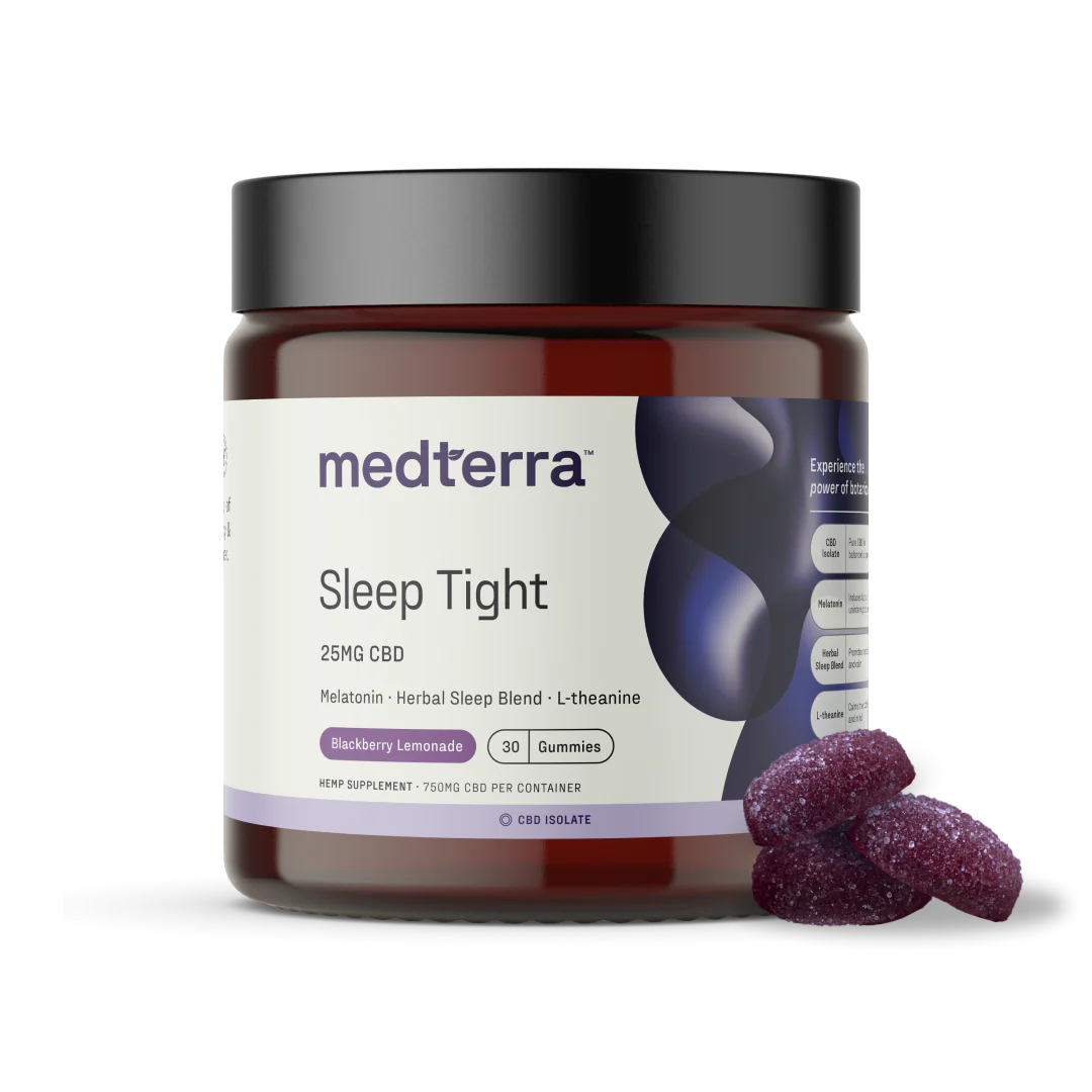 Jar of 30 Medterra Sleep Tight CBD Gummies with two gummies placed beside it, showing texture and serving size.