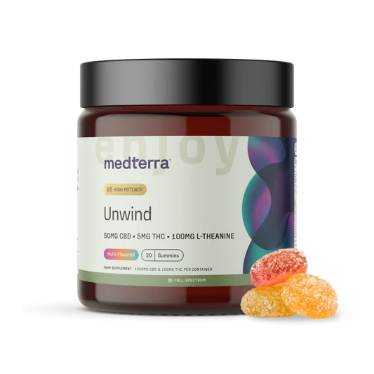 Jar of Medterra Unwind CBD Gummies with a few gummies beside it, highlighting texture and serving size.
