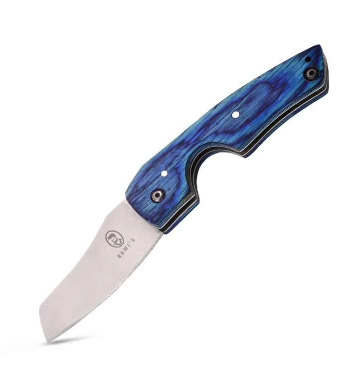 Rami's cigar knife with blue hardwood handle displayed on a clean white background