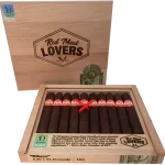 Open box of Red Meat Lovers cigars with dark, oily wrappers and bold red-and-black bands