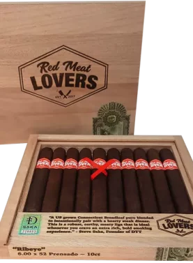 Open box of Red Meat Lovers cigars with dark, oily wrappers and bold red-and-black bands