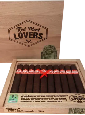 Open box of Red Meat Lovers cigars with dark, oily wrappers and bold red-and-black bands
