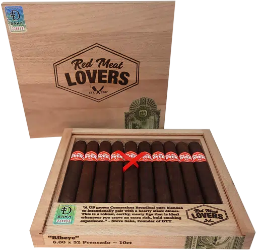 Open box of Red Meat Lovers cigars with dark, oily wrappers and bold red-and-black bands