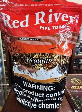 Red River Red 16 oz bag of pipe tobacco featuring bold lettering and resealable packaging.