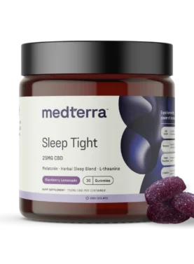 Jar of 30 Medterra Sleep Tight CBD Gummies with two gummies placed beside it, showing texture and serving size.