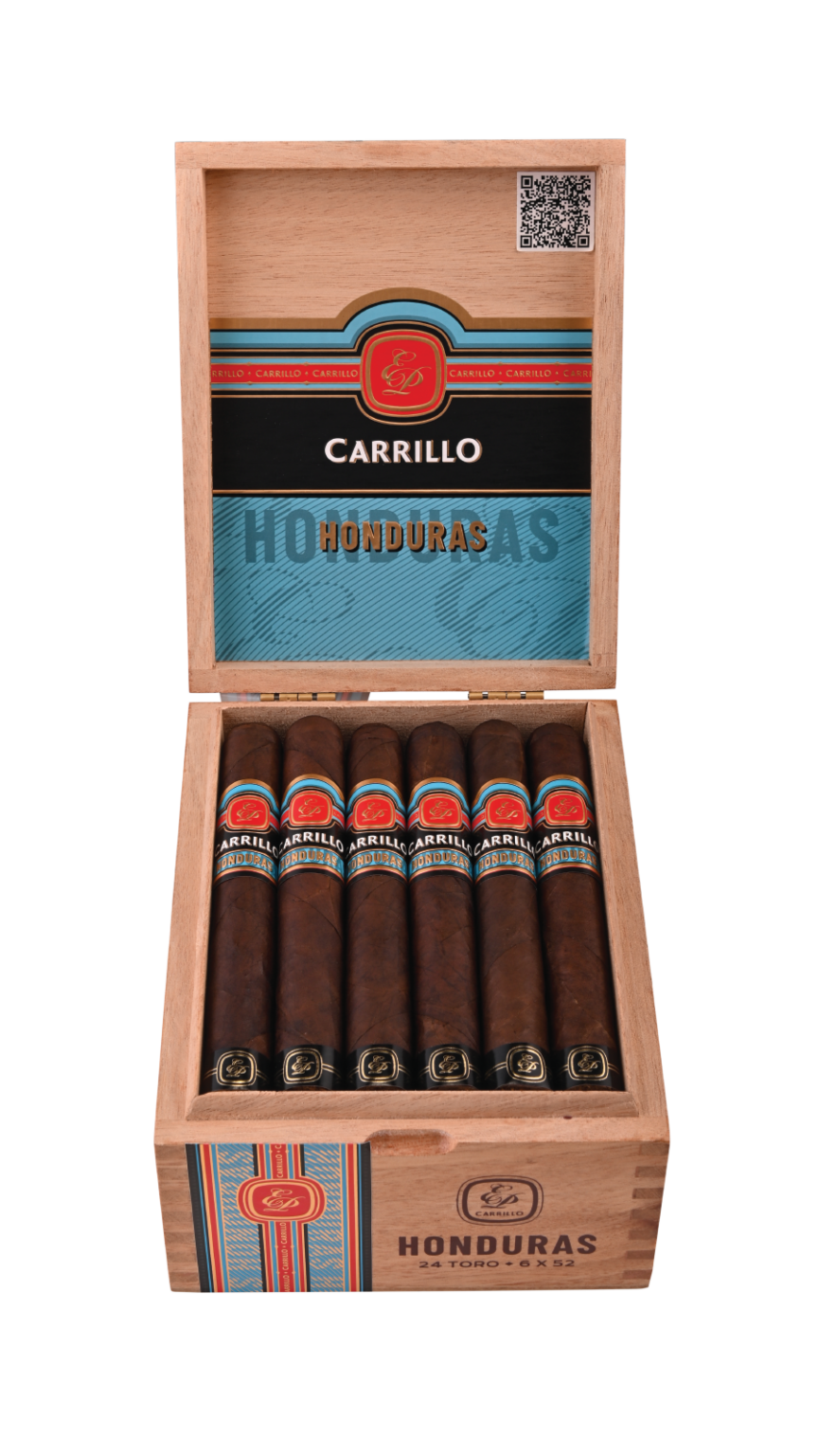 Open box of E.P. Carrillo Honduras cigars with smooth, brown wrappers
