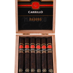 Open box of E.P. Carrillo Maduro cigars with dark, oily wrappers