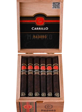Open box of E.P. Carrillo Maduro cigars with dark, oily wrappers