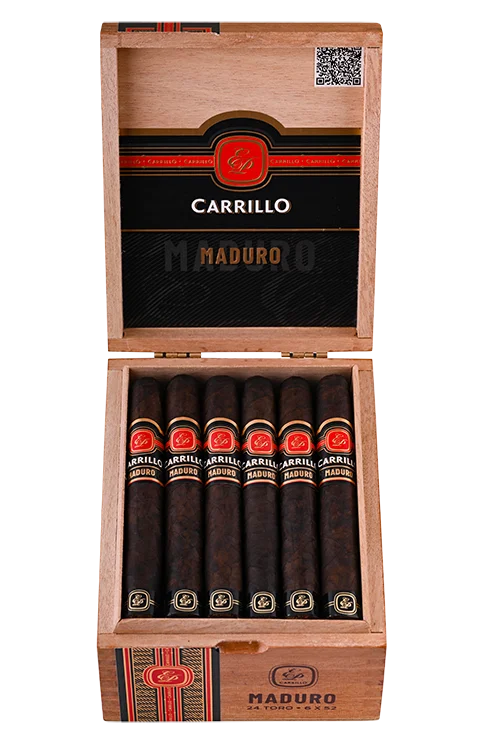 Open box of E.P. Carrillo Maduro cigars with dark, oily wrappers