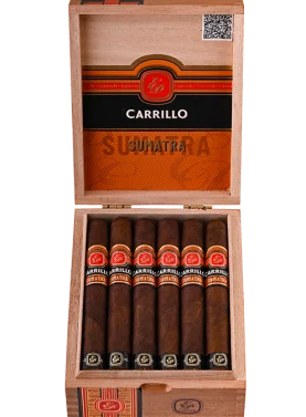Open box of E.P. Carrillo Sumatra cigars showcasing hand-rolled premium sticks