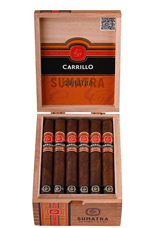 Open box of E.P. Carrillo Sumatra cigars showcasing hand-rolled premium sticks