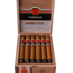 Open box of E.P. Carrillo Connecticut cigars with golden wrappers neatly arranged