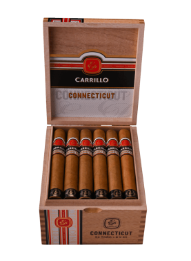 Open box of E.P. Carrillo Connecticut cigars with golden wrappers neatly arranged