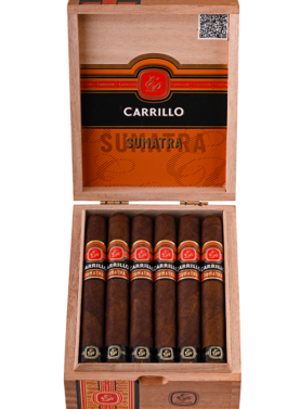 Open box of E.P. Carrillo Sumatra cigars showcasing hand-rolled premium sticks