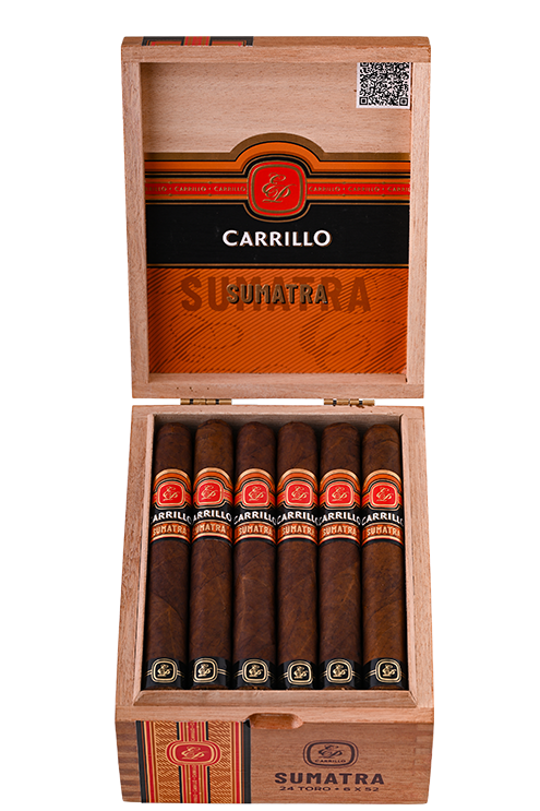 Open box of E.P. Carrillo Sumatra cigars showcasing hand-rolled premium sticks
