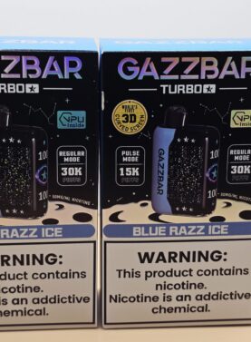 2 Pack Gazzbar Disposable Vape Blue Razz Ice flavor with 30,000 puffs, 28ml e-liquid, dual mesh coil, and 3D curved screen.