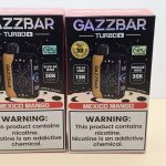 2 Pack Gazzbar Disposable Vape Mexico Mango flavor with 30,000 puffs, 28ml e-liquid, dual mesh coil, 800mAh quick charge battery, and 3D curved screen.