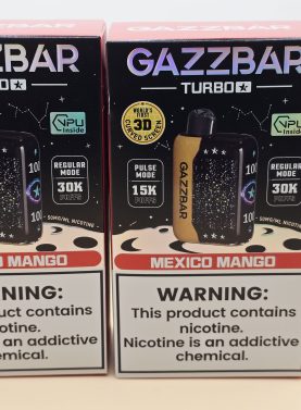 2 Pack Gazzbar Disposable Vape Mexico Mango flavor with 30,000 puffs, 28ml e-liquid, dual mesh coil, 800mAh quick charge battery, and 3D curved screen.