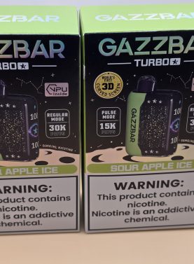 2 Pack Gazzbar Disposable Vape Sour Apple Ice flavor with 30,000 puffs, dual mesh coil, quick charge battery, and 3D curved screen.